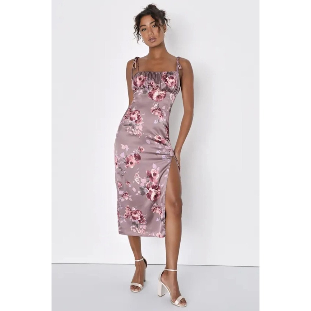 Lulus Mauve Pink Floral Satin Midi Dress - Size L - A+ Condition - Sexy Summer